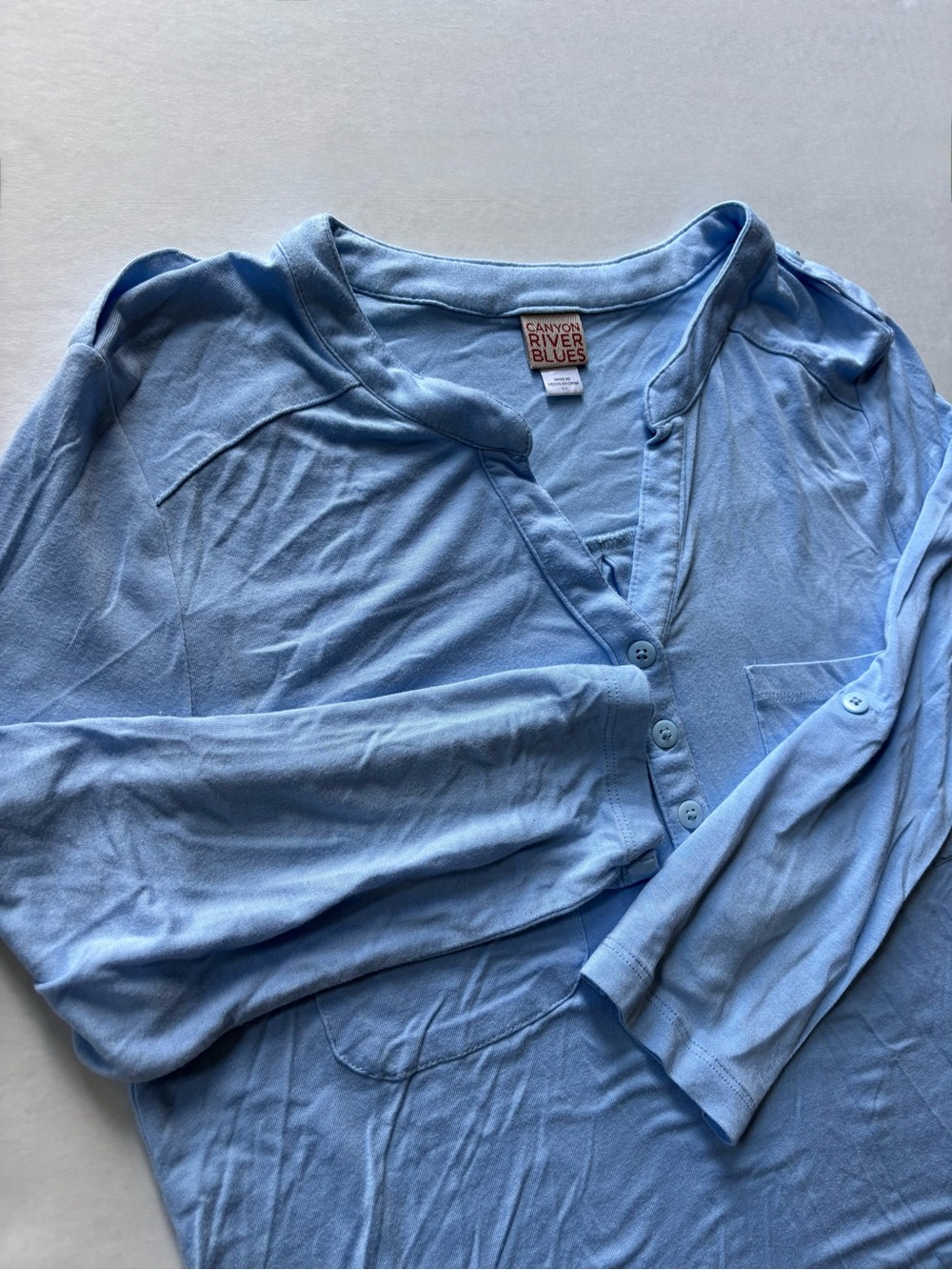 Canyon River Blues Henley Blouse Womens Small Shirt Roll Tab Sleeve Rayon